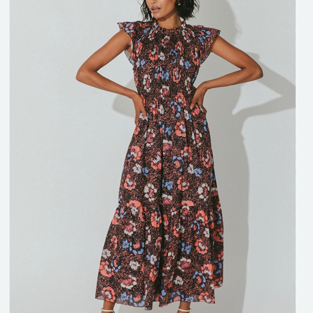 Colonels Ruffled Tiered Maxi Dress in blue black and Pink M